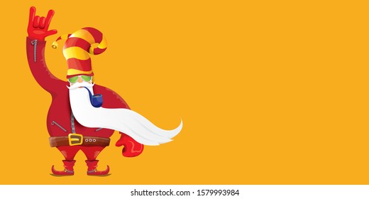 vector DJ rock n roll santa claus with smoking pipe, santa beard and funky hat isolated on orange horizontal banner background. Horizontal Christmas hipster party poster or sale flyer template
