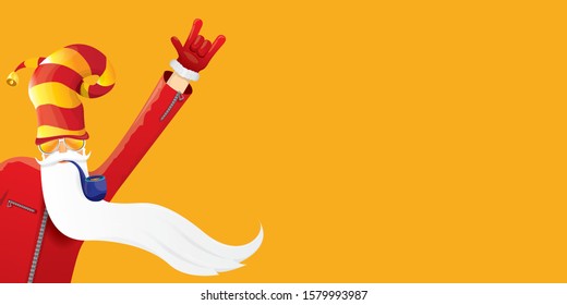 vector DJ rock n roll santa claus with smoking pipe, santa beard and funky hat isolated on orange horizontal banner background. Horizontal Christmas hipster party poster or sale flyer template