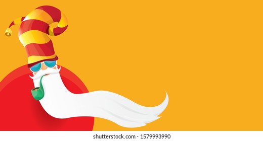 vector DJ rock n roll santa claus with smoking pipe, santa beard and funky hat isolated on orange horizontal banner background. Horizontal Christmas hipster party poster or sale flyer template