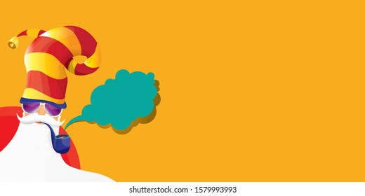 vector DJ rock n roll santa claus with smoking pipe, santa beard and funky hat isolated on orange horizontal banner background. Horizontal Christmas hipster party poster or sale flyer template