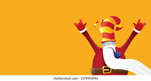 vector DJ rock n roll santa claus with smoking pipe, santa beard and funky hat isolated on orange horizontal banner background. Horizontal Christmas hipster party poster or sale flyer template