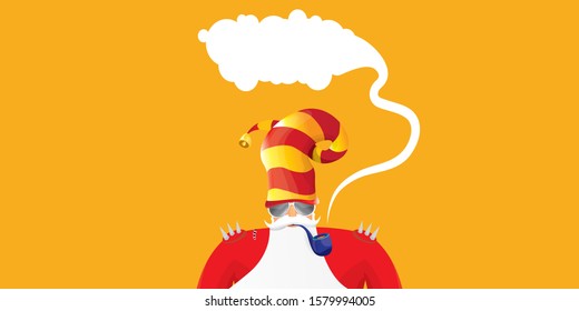 vector DJ rock n roll santa claus with smoking pipe, santa beard and funky hat isolated on orange horizontal banner background. Horizontal Christmas hipster party poster or sale flyer template