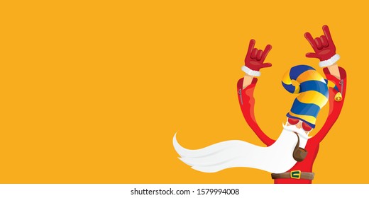 vector DJ rock n roll santa claus with smoking pipe, santa beard and funky hat isolated on orange horizontal banner background. Horizontal Christmas hipster party poster or sale flyer template
