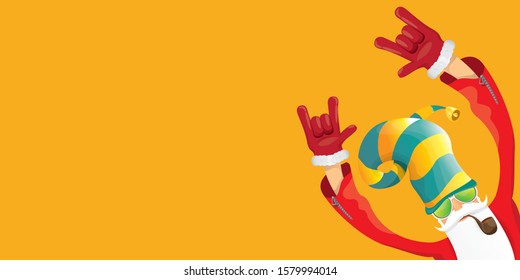 vector DJ rock n roll santa claus with smoking pipe, santa beard and funky hat isolated on orange horizontal banner background. Horizontal Christmas hipster party poster or sale flyer template