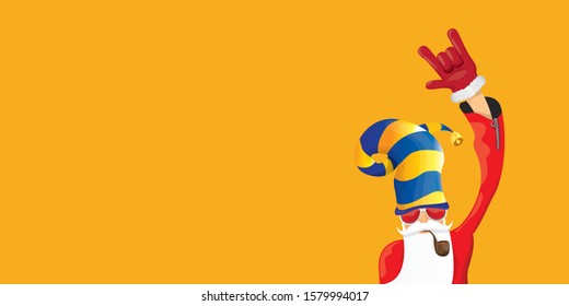 vector DJ rock n roll santa claus with smoking pipe, santa beard and funky hat isolated on orange horizontal banner background. Horizontal Christmas hipster party poster or sale flyer template