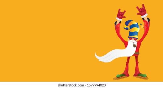 vector DJ rock n roll santa claus with smoking pipe, santa beard and funky hat isolated on orange horizontal banner background. Horizontal Christmas hipster party poster or sale flyer template