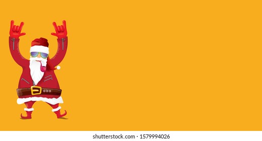 vector DJ rock n roll santa claus with smoking pipe, santa beard and funky hat isolated on orange horizontal banner background. Horizontal Christmas hipster party poster or sale flyer template