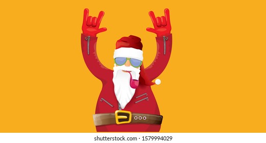 vector DJ rock n roll santa claus with smoking pipe, santa beard and funky hat isolated on orange horizontal banner background. Horizontal Christmas hipster party poster or sale flyer template