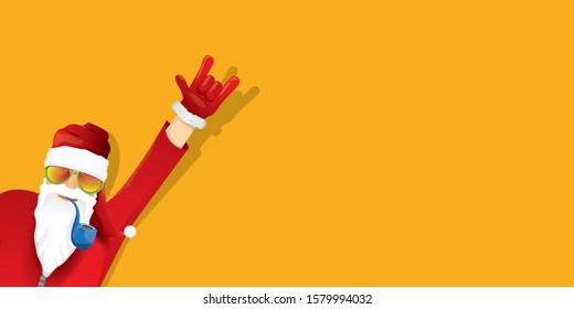 vector DJ rock n roll santa claus with smoking pipe, santa beard and funky hat isolated on orange horizontal banner background. Horizontal Christmas hipster party poster or sale flyer template