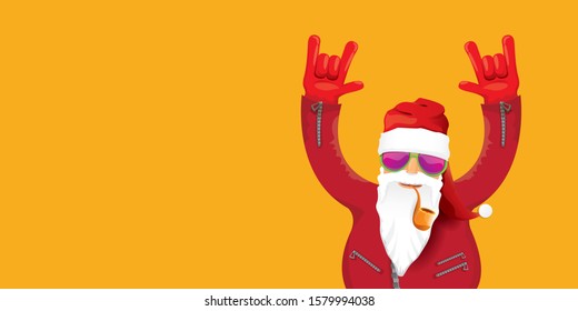 vector DJ rock n roll santa claus with smoking pipe, santa beard and funky hat isolated on orange horizontal banner background. Horizontal Christmas hipster party poster or sale flyer template