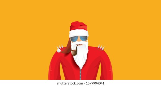 vector DJ rock n roll santa claus with smoking pipe, santa beard and funky hat isolated on orange horizontal banner background. Horizontal Christmas hipster party poster or sale flyer template