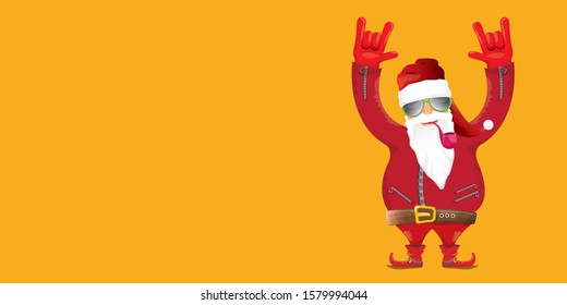 vector DJ rock n roll santa claus with smoking pipe, santa beard and funky hat isolated on orange horizontal banner background. Horizontal Christmas hipster party poster or sale flyer template
