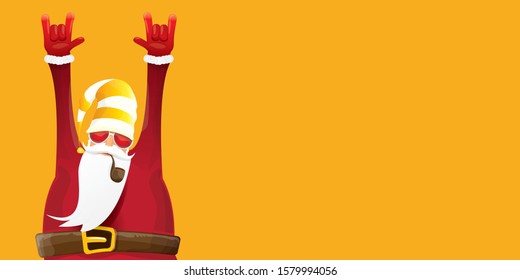 vector DJ rock n roll santa claus with smoking pipe, santa beard and funky hat isolated on orange horizontal banner background. Horizontal Christmas hipster party poster or sale flyer template