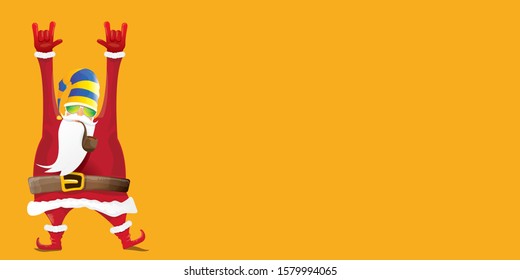 vector DJ rock n roll santa claus with smoking pipe, santa beard and funky hat isolated on orange horizontal banner background. Horizontal Christmas hipster party poster or sale flyer template