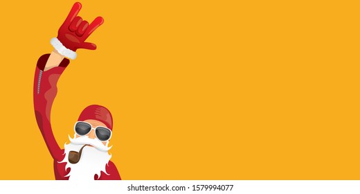 vector DJ rock n roll santa claus with smoking pipe, santa beard and funky hat isolated on orange horizontal banner background. Horizontal Christmas hipster party poster or sale flyer template