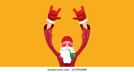 vector DJ rock n roll santa claus with smoking pipe, santa beard and funky hat isolated on orange horizontal banner background. Horizontal Christmas hipster party poster or sale flyer template