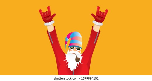 vector DJ rock n roll santa claus with smoking pipe, santa beard and funky hat isolated on orange horizontal banner background. Horizontal Christmas hipster party poster or sale flyer template