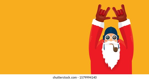 vector DJ rock n roll santa claus with smoking pipe, santa beard and funky hat isolated on orange horizontal banner background. Horizontal Christmas hipster party poster or sale flyer template