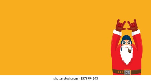 vector DJ rock n roll santa claus with smoking pipe, santa beard and funky hat isolated on orange horizontal banner background. Horizontal Christmas hipster party poster or sale flyer template