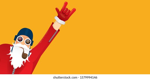 vector DJ rock n roll santa claus with smoking pipe, santa beard and funky hat isolated on orange horizontal banner background. Horizontal Christmas hipster party poster or sale flyer template