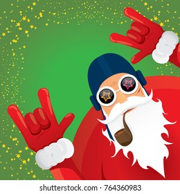 vector DJ rock n roll santa claus with smoking pipe, santa beard and funky santa hat on green background. Christmas hipster poster for party or greeting card. vector bad santa xmas poster background
