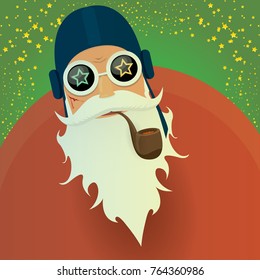 vector DJ rock n roll santa claus with smoking pipe, santa beard and funky santa hat on green background. Christmas hipster poster for party or greeting card. vector bad santa xmas poster background