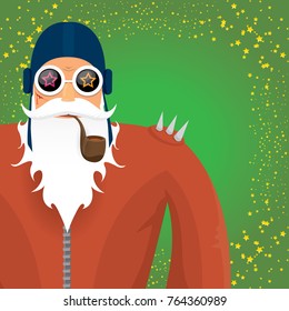 vector DJ rock n roll santa claus with smoking pipe, santa beard and funky santa hat on green background. Christmas hipster poster for party or greeting card. vector bad santa xmas poster background