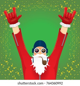 vector DJ rock n roll santa claus with smoking pipe, santa beard and funky santa hat on green background. Christmas hipster poster for party or greeting card. vector bad santa xmas poster background