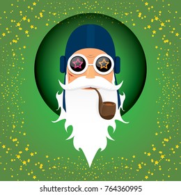 vector DJ rock n roll santa claus with smoking pipe, santa beard and funky santa hat on green background. Christmas hipster poster for party or greeting card. vector bad santa xmas poster background