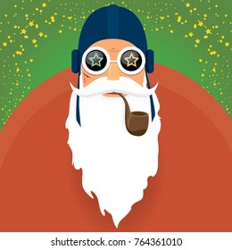 vector DJ rock n roll santa claus with smoking pipe, santa beard and funky santa hat on green background. Christmas hipster poster for party or greeting card. vector bad santa xmas poster background