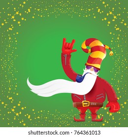 vector DJ rock n roll santa claus with smoking pipe, santa beard and funky santa hat on green background. Christmas hipster poster for party or greeting card. vector bad santa xmas poster background
