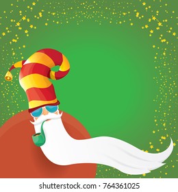 vector DJ rock n roll santa claus with smoking pipe, santa beard and funky santa hat on green background. Christmas hipster poster for party or greeting card. vector bad santa xmas poster background