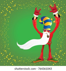 vector DJ rock n roll santa claus with smoking pipe, santa beard and funky santa hat on green background. Christmas hipster poster for party or greeting card. vector bad santa xmas poster background