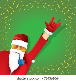vector DJ rock n roll santa claus with smoking pipe, santa beard and funky santa hat on green background. Christmas hipster poster for party or greeting card. vector bad santa xmas poster background