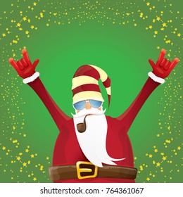 vector DJ rock n roll santa claus with smoking pipe, santa beard and funky santa hat on green background. Christmas hipster poster for party or greeting card. vector bad santa xmas poster background