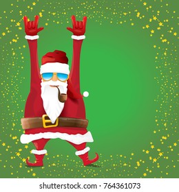 vector DJ rock n roll santa claus with smoking pipe, santa beard and funky santa hat on green background. Christmas hipster poster for party or greeting card. vector bad santa xmas poster background