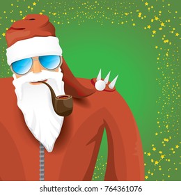 vector DJ rock n roll santa claus with smoking pipe, santa beard and funky santa hat on green background. Christmas hipster poster for party or greeting card. vector bad santa xmas poster background