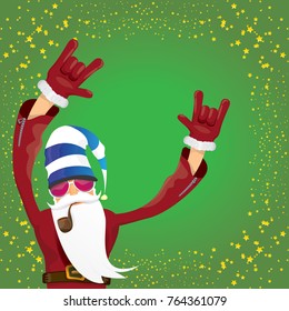 vector DJ rock n roll santa claus with smoking pipe, santa beard and funky santa hat on green background. Christmas hipster poster for party or greeting card. vector bad santa xmas poster background