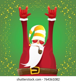 vector DJ rock n roll santa claus with smoking pipe, santa beard and funky santa hat on green background. Christmas hipster poster for party or greeting card. vector bad santa xmas poster background