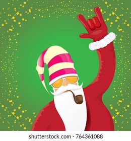 vector DJ rock n roll santa claus with smoking pipe, santa beard and funky santa hat on green background. Christmas hipster poster for party or greeting card. vector bad santa xmas poster background