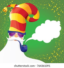 vector DJ rock n roll santa claus with smoking pipe, santa beard and funky santa hat on green background. Christmas hipster poster for party or greeting card. vector bad santa xmas poster background