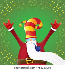 vector DJ rock n roll santa claus with smoking pipe, santa beard and funky santa hat on green background. Christmas hipster poster for party or greeting card. vector bad santa xmas poster background