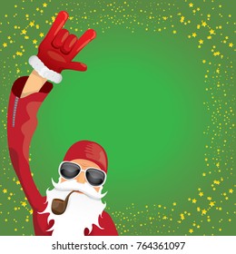 vector DJ rock n roll santa claus with smoking pipe, santa beard and funky santa hat on green background. Christmas hipster poster for party or greeting card. vector bad santa xmas poster background