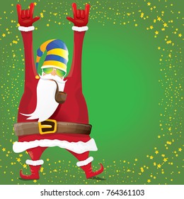 vector DJ rock n roll santa claus with smoking pipe, santa beard and funky santa hat on green background. Christmas hipster poster for party or greeting card. vector bad santa xmas poster background