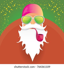 vector DJ rock n roll santa claus with smoking pipe, santa beard and funky santa hat on green background. Christmas hipster poster for party or greeting card. vector bad santa xmas poster background