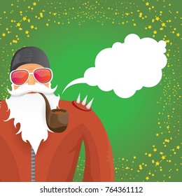 vector DJ rock n roll santa claus with smoking pipe, santa beard and funky santa hat on green background. Christmas hipster poster for party or greeting card. vector bad santa xmas poster background