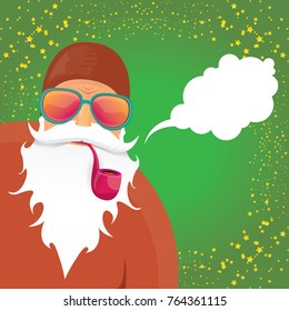 vector DJ rock n roll santa claus with smoking pipe, santa beard and funky santa hat on green background. Christmas hipster poster for party or greeting card. vector bad santa xmas poster background