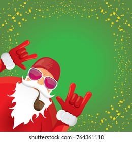 vector DJ rock n roll santa claus with smoking pipe, santa beard and funky santa hat on green background. Christmas hipster poster for party or greeting card. vector bad santa xmas poster background