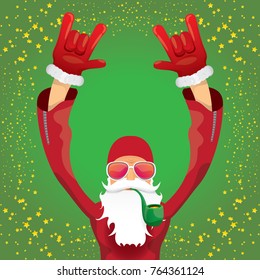 vector DJ rock n roll santa claus with smoking pipe, santa beard and funky santa hat on green background. Christmas hipster poster for party or greeting card. vector bad santa xmas poster background