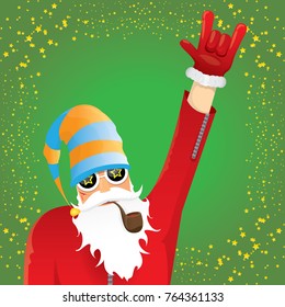 vector DJ rock n roll santa claus with smoking pipe, santa beard and funky santa hat on green background. Christmas hipster poster for party or greeting card. vector bad santa xmas poster background